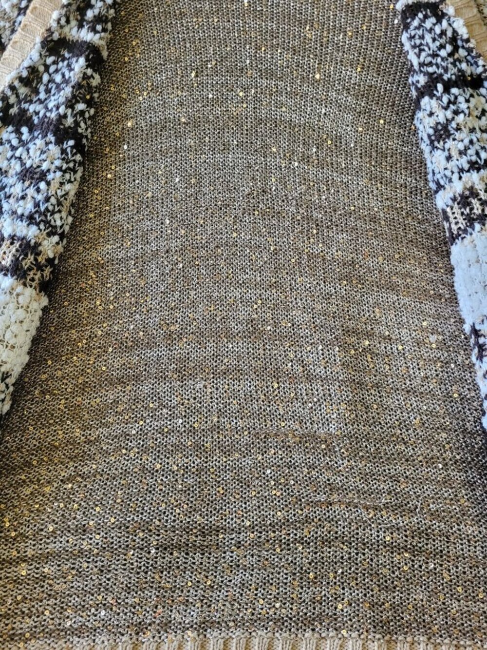 Y2K Womens XL Open Front Aztec Sequin Knit Cardigan Oversized Cozy Tan & Black - Picture 9 of 13